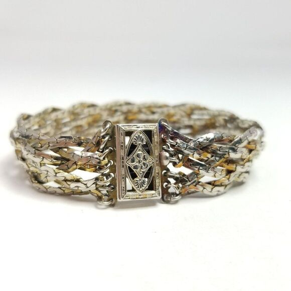 Vintage Braided Woven Silver Tone Chain Bangle Bracelet, Tab Clasp, Retro Estate - Picture 1 of 7